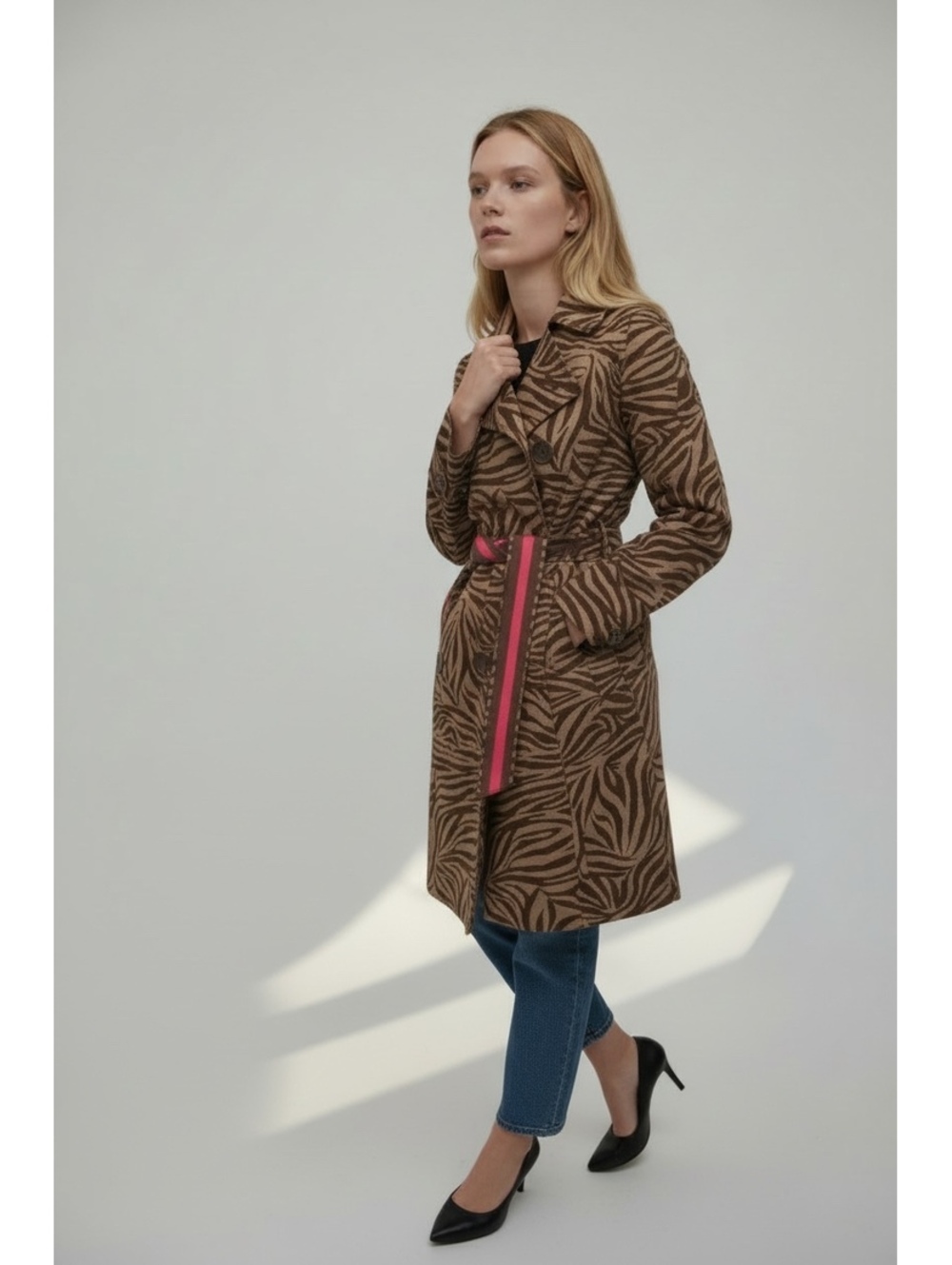 Women's Zebra Print Trench Coat with Pink Belt Accent - Picture 3 of 9